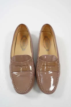 Taupe brown patent leather slip-on Gommino driving shoes