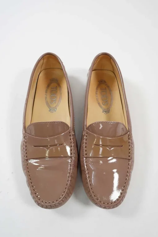 Taupe brown patent leather slip-on Gommino driving shoes