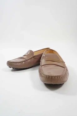 Taupe brown patent leather slip-on Gommino driving shoes