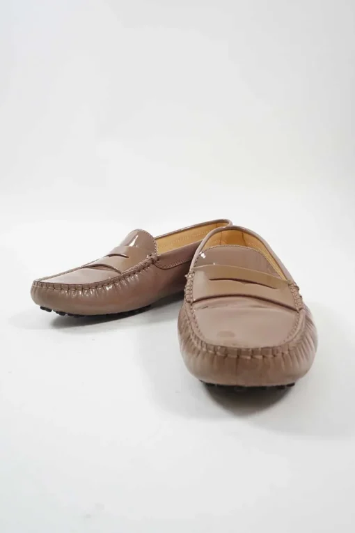 Taupe brown patent leather slip-on Gommino driving shoes