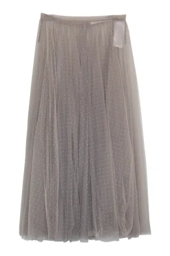 Taupe brown sheer polyamide plumette tulle midi skirt