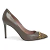 Taupe brown stud-embellished pointed-toe pumps