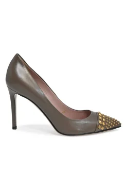 Taupe brown stud-embellished pointed-toe pumps