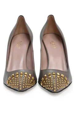 Taupe brown stud-embellished pointed-toe pumps