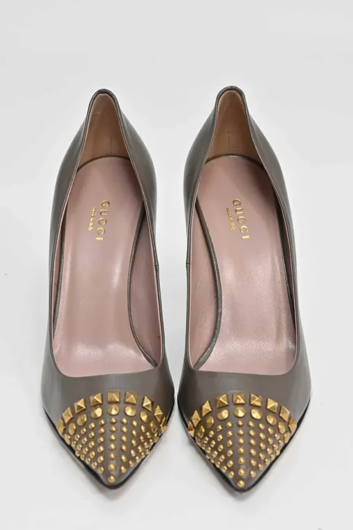 Taupe brown stud-embellished pointed-toe pumps