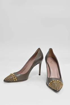 Taupe brown stud-embellished pointed-toe pumps