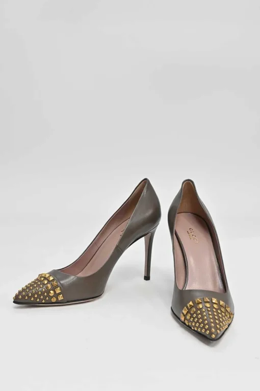 Taupe brown stud-embellished pointed-toe pumps