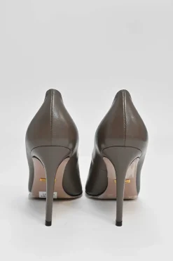 Taupe brown stud-embellished pointed-toe pumps