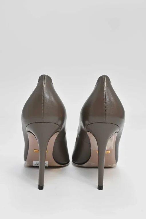 Taupe brown stud-embellished pointed-toe pumps