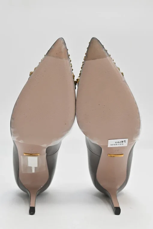 Taupe brown stud-embellished pointed-toe pumps