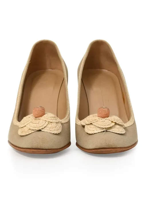 Taupe canvas and leather round-toe camellia pumps