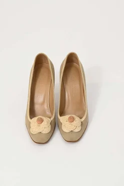 Taupe canvas and leather round-toe camellia pumps