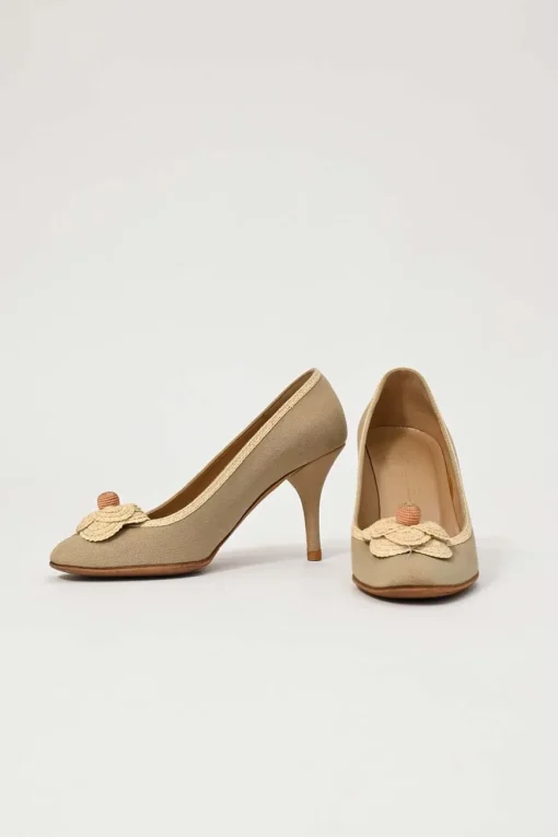 Taupe canvas and leather round-toe camellia pumps