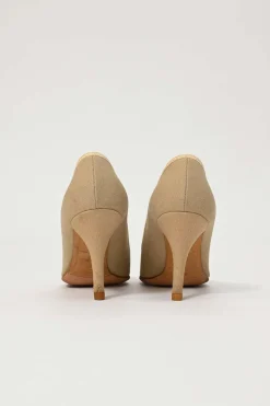 Taupe canvas and leather round-toe camellia pumps