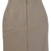 Taupe crinkle wool-blend pull-on mini pencil skirt with darted waistband and concealed front fastening