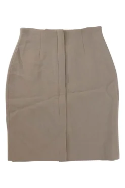 Taupe crinkle wool-blend pull-on mini pencil skirt with darted waistband and concealed front fastening