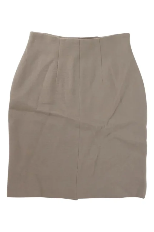 Taupe crinkle wool-blend pull-on mini pencil skirt with darted waistband and concealed front fastening