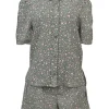 Taupe green and pink viscose-blend puff sleeve pintuck shirt and short two-piece set