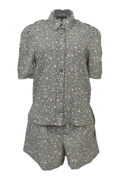 Taupe green and pink viscose-blend puff sleeve pintuck shirt and short two-piece set