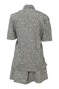 Taupe green and pink viscose-blend puff sleeve pintuck shirt and short two-piece set