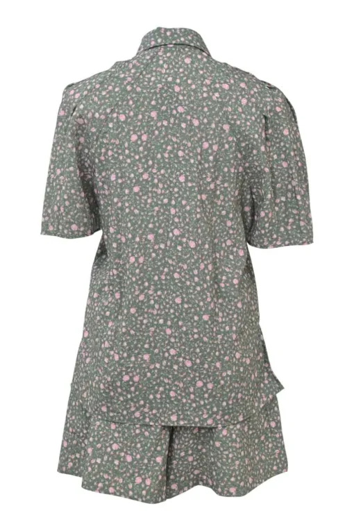 Taupe green and pink viscose-blend puff sleeve pintuck shirt and short two-piece set