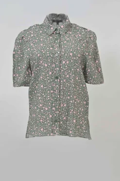 Taupe green and pink viscose-blend puff sleeve pintuck shirt and short two-piece set