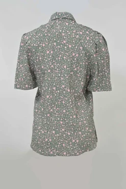 Taupe green and pink viscose-blend puff sleeve pintuck shirt and short two-piece set