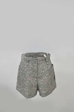 Taupe green and pink viscose-blend puff sleeve pintuck shirt and short two-piece set