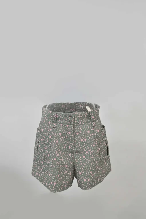 Taupe green and pink viscose-blend puff sleeve pintuck shirt and short two-piece set