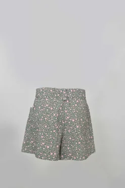 Taupe green and pink viscose-blend puff sleeve pintuck shirt and short two-piece set