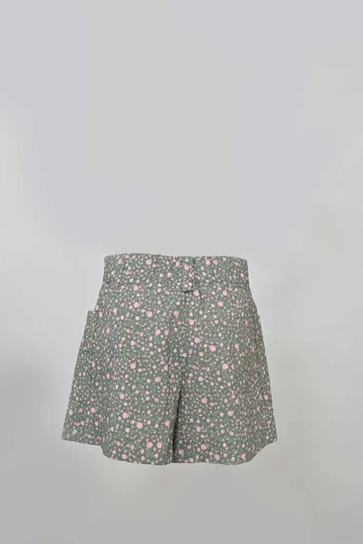 Taupe green and pink viscose-blend puff sleeve pintuck shirt and short two-piece set