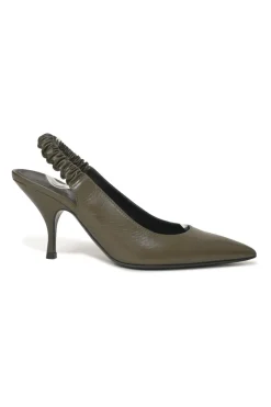 Taupe green polished calfskin pointed-toe slingback pumps