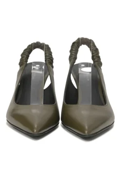 Taupe green polished calfskin pointed-toe slingback pumps