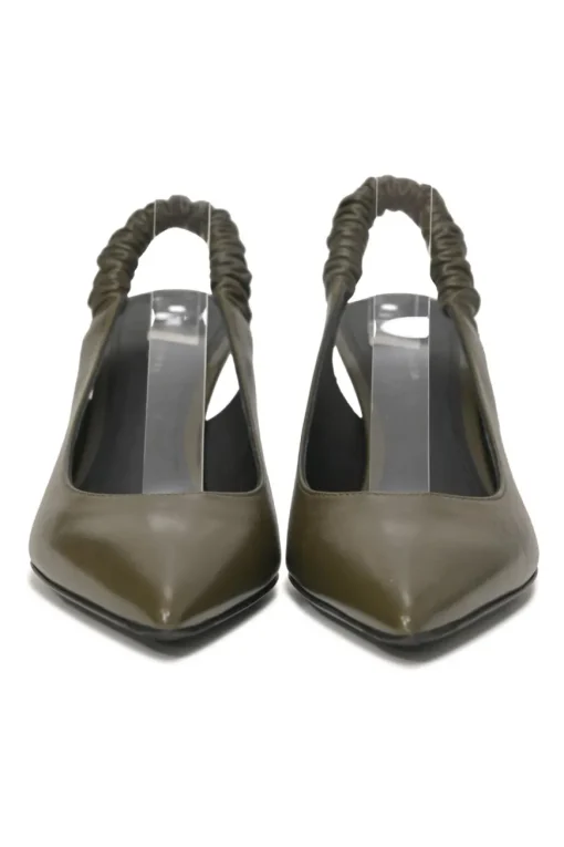 Taupe green polished calfskin pointed-toe slingback pumps