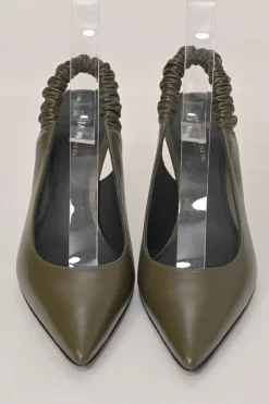 Taupe green polished calfskin pointed-toe slingback pumps