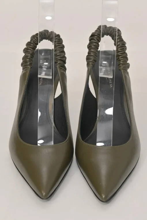 Taupe green polished calfskin pointed-toe slingback pumps