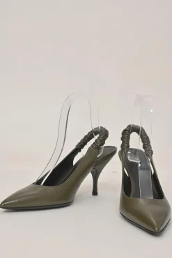 Taupe green polished calfskin pointed-toe slingback pumps