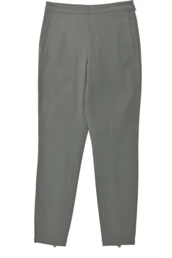 Taupe grey cotton-blend pull-on mid-rise slacks with zip detail along cuffs