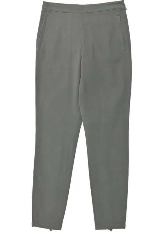 Taupe grey cotton-blend pull-on mid-rise slacks with zip detail along cuffs
