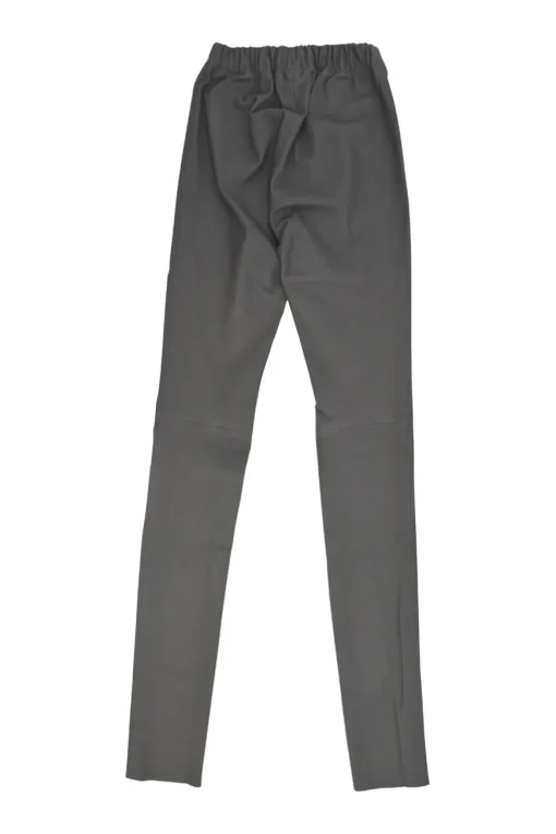 Taupe grey leather pull-on high-rise skinny pants with elasticated waist