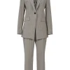 Taupe grey pinstripe wool-blend two-piece suit set featuring notch lapel tailored jacket with mid-rise tapered-leg tailored trousers