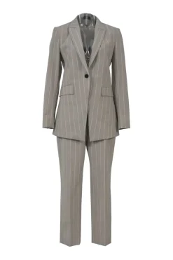 Taupe grey pinstripe wool-blend two-piece suit set featuring notch lapel tailored jacket with mid-rise tapered-leg tailored trousers