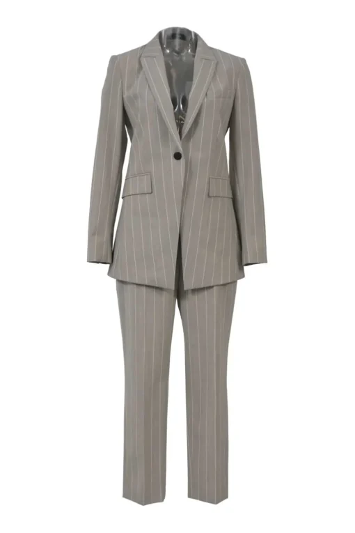 Taupe grey pinstripe wool-blend two-piece suit set featuring notch lapel tailored jacket with mid-rise tapered-leg tailored trousers