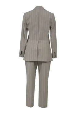 Taupe grey pinstripe wool-blend two-piece suit set featuring notch lapel tailored jacket with mid-rise tapered-leg tailored trousers
