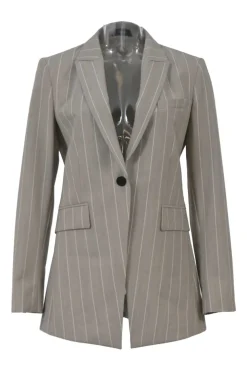 Taupe grey pinstripe wool-blend two-piece suit set featuring notch lapel tailored jacket with mid-rise tapered-leg tailored trousers
