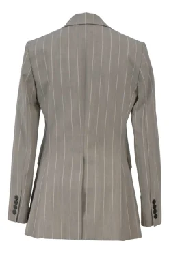 Taupe grey pinstripe wool-blend two-piece suit set featuring notch lapel tailored jacket with mid-rise tapered-leg tailored trousers
