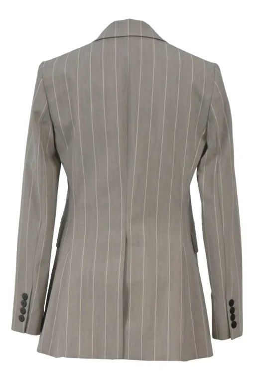 Taupe grey pinstripe wool-blend two-piece suit set featuring notch lapel tailored jacket with mid-rise tapered-leg tailored trousers