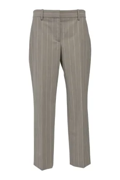 Taupe grey pinstripe wool-blend two-piece suit set featuring notch lapel tailored jacket with mid-rise tapered-leg tailored trousers