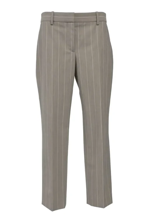 Taupe grey pinstripe wool-blend two-piece suit set featuring notch lapel tailored jacket with mid-rise tapered-leg tailored trousers