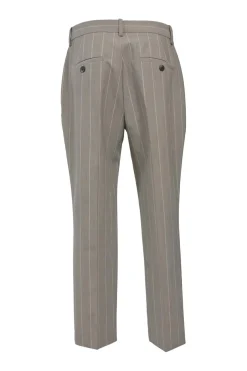 Taupe grey pinstripe wool-blend two-piece suit set featuring notch lapel tailored jacket with mid-rise tapered-leg tailored trousers